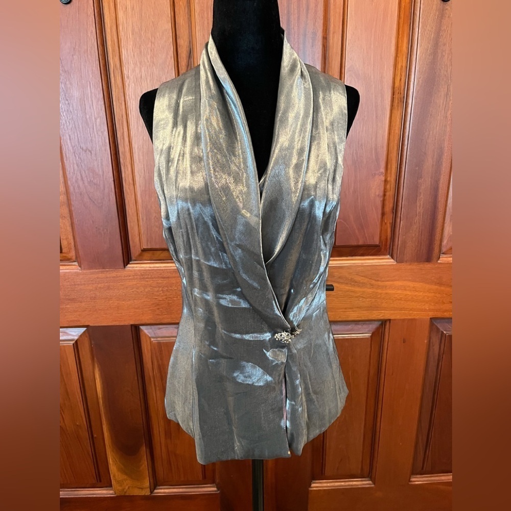 Vintage Alex Evenings Metallic Silver Structured Wrap Blouse Rhinestone Clip